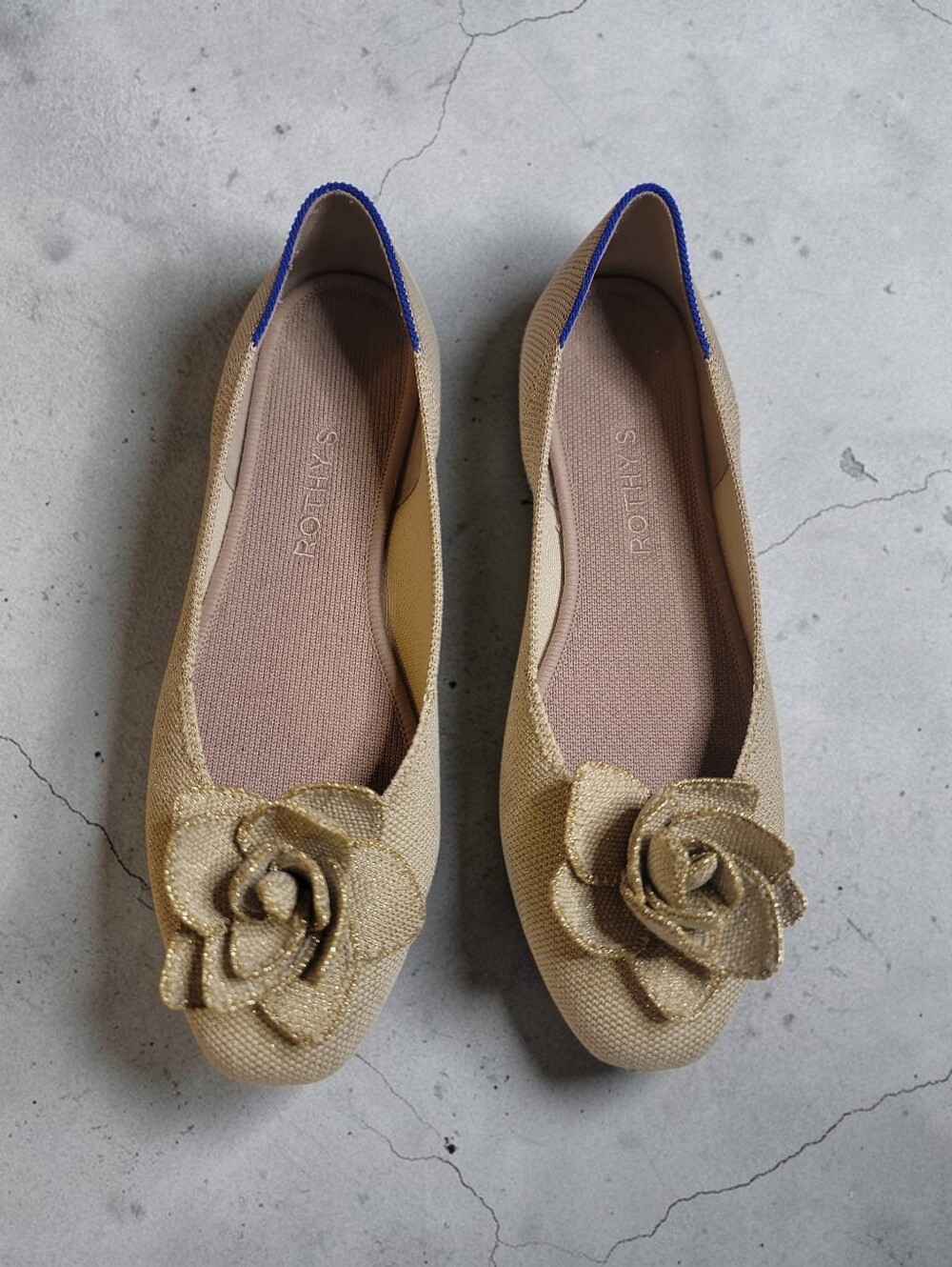 Rothy’s The Petal Square Flats 8.5 Light Gold Metallic Rosette  Ballet Shoes